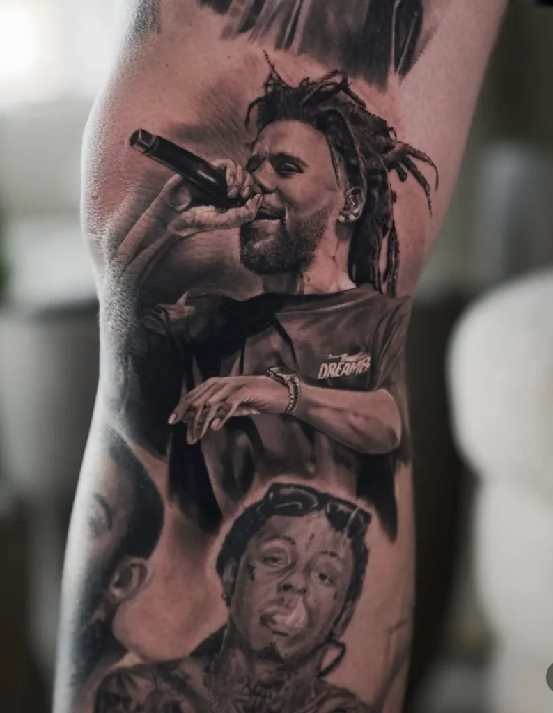 a tattoo of rapper lil wayne on a man's arm showcasing a portrait tattoo in Tampa, FL