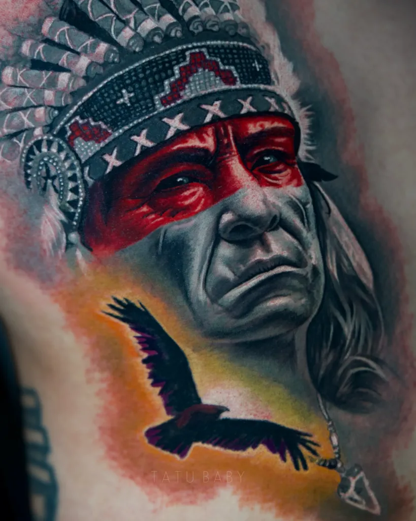 an image of a native American Indian tattooed on a man's arm showcasing realism tattoo artist in Tampa