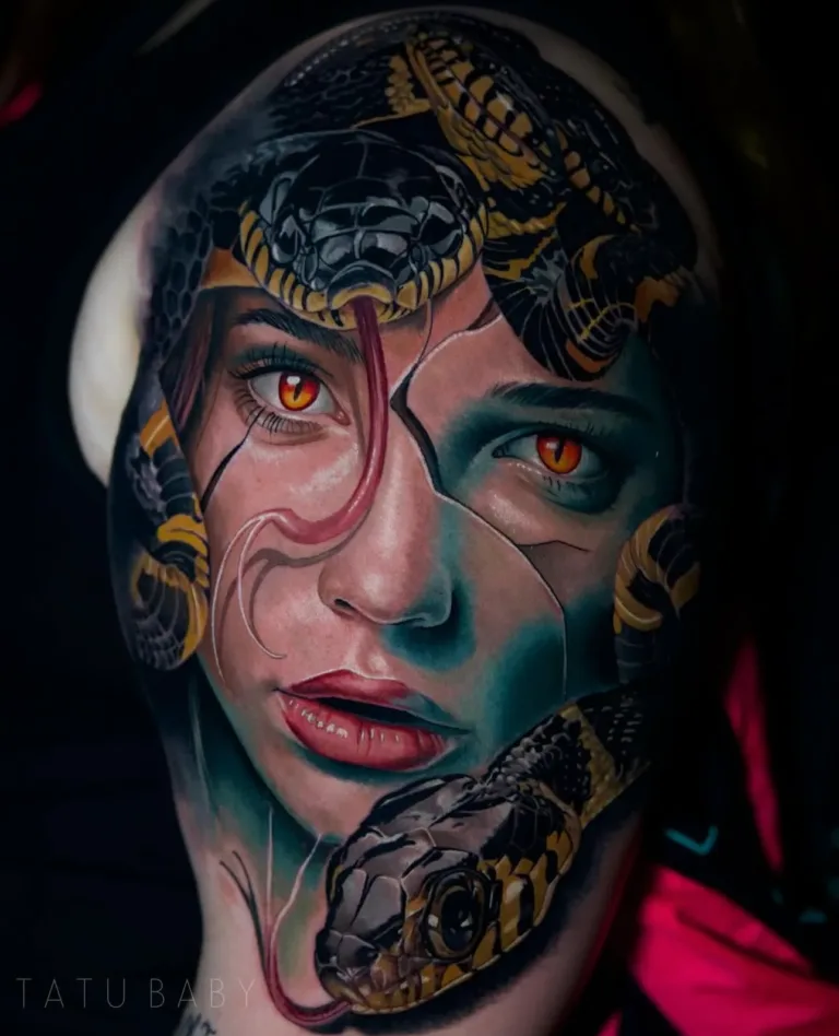 an image of a woman with black and yellow snake on her head tattooed on a man's arm showcasing a realism tattoo artist in Tampa