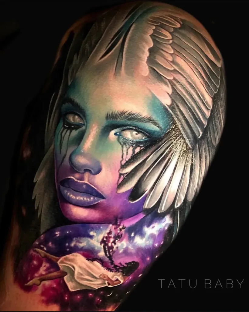 an image of a woman with wing like hair tattooed on a man's arm showcasing a realism tattoo artist in Tampa