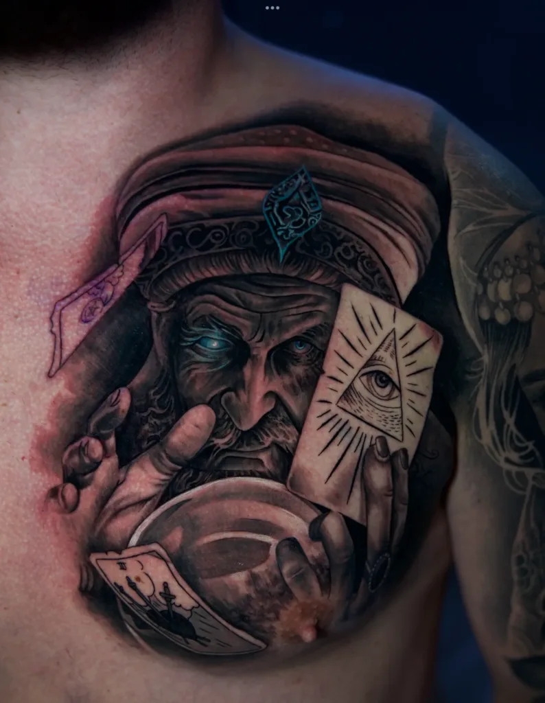 an image of an old man holding a card showcasing tattoo shops in Miami, FL